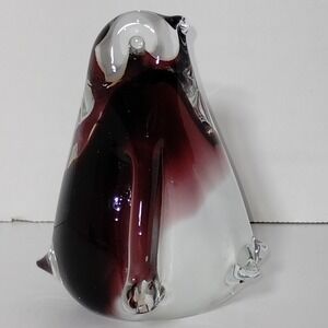 Art Glass Penguin Figurine Sculpture Decor - Burgundy White‎ Accent 4"